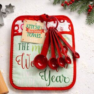 Christmas Kitchen Towel - Pot Holder - Measuring Spoons Wonderful Time Gift Set